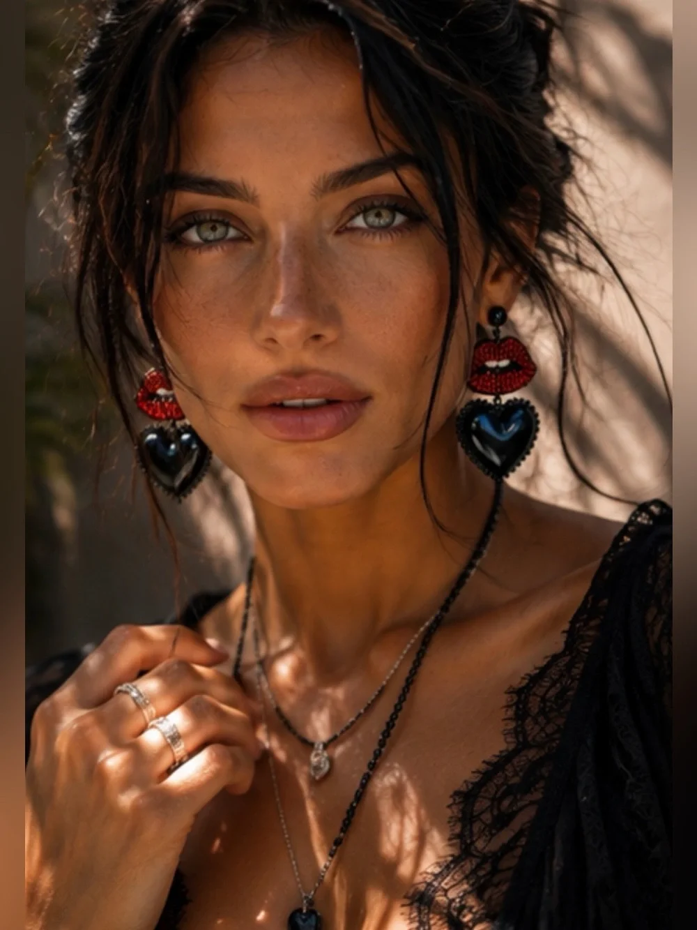 Beaded Red Lips & Black Heart Statement Earrings | 3.5” Lightweight | Kiss &Tell